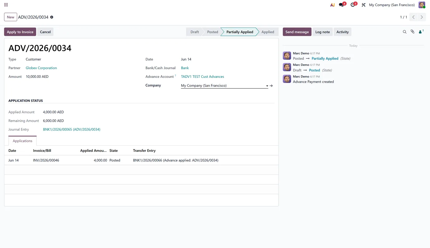 Advance Payment Management for Odoo, advance form on Odoo 18