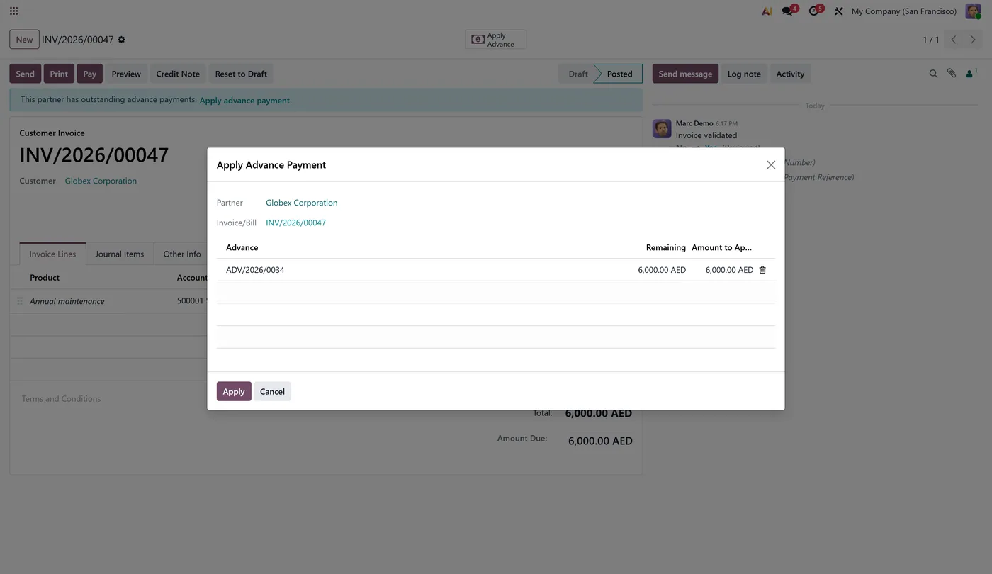 Advance Payment Management for Odoo, apply wizard on Odoo 18