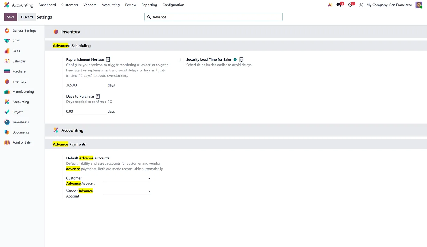Advance Payment Management for Odoo, settings
