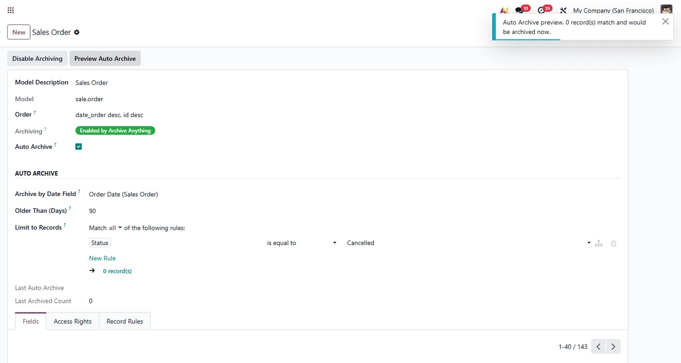 Auto Archive for Odoo, preview on Odoo 18