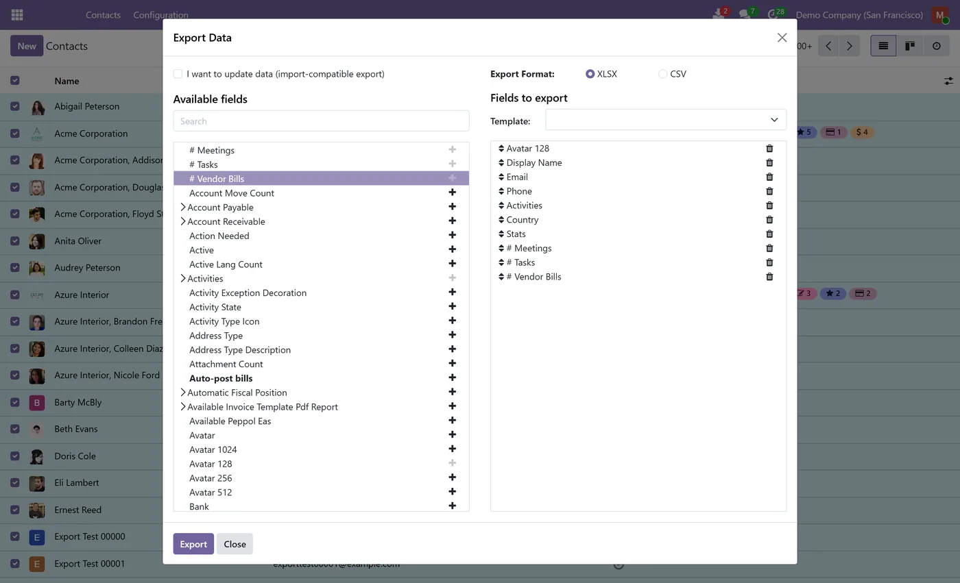 Background Data Export for Odoo, export dialog on Odoo 19