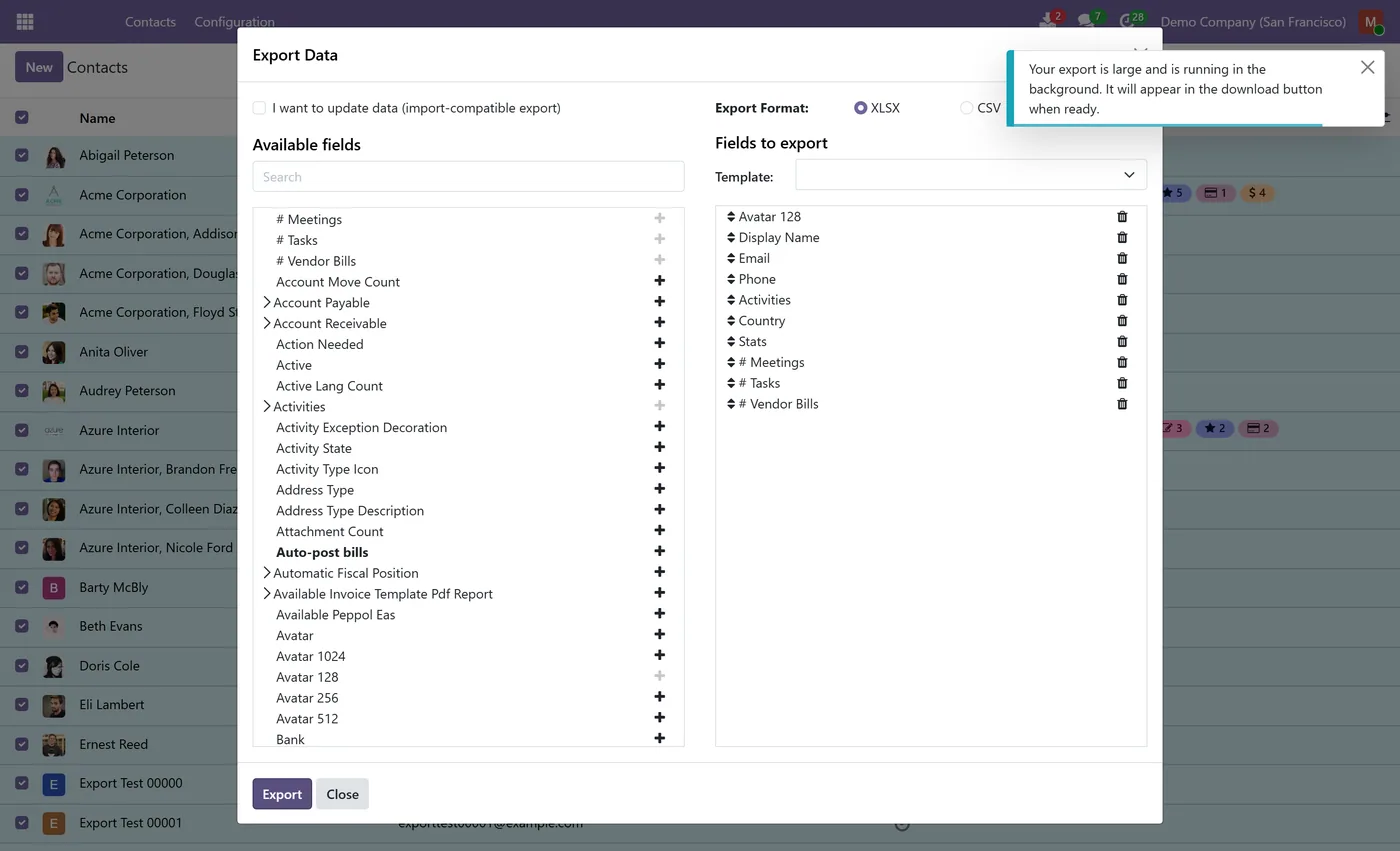 Background Data Export for Odoo, background notification on Odoo 19