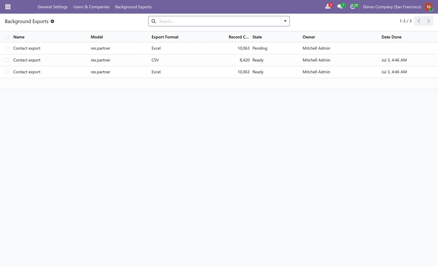 Background Data Export for Odoo, admin list