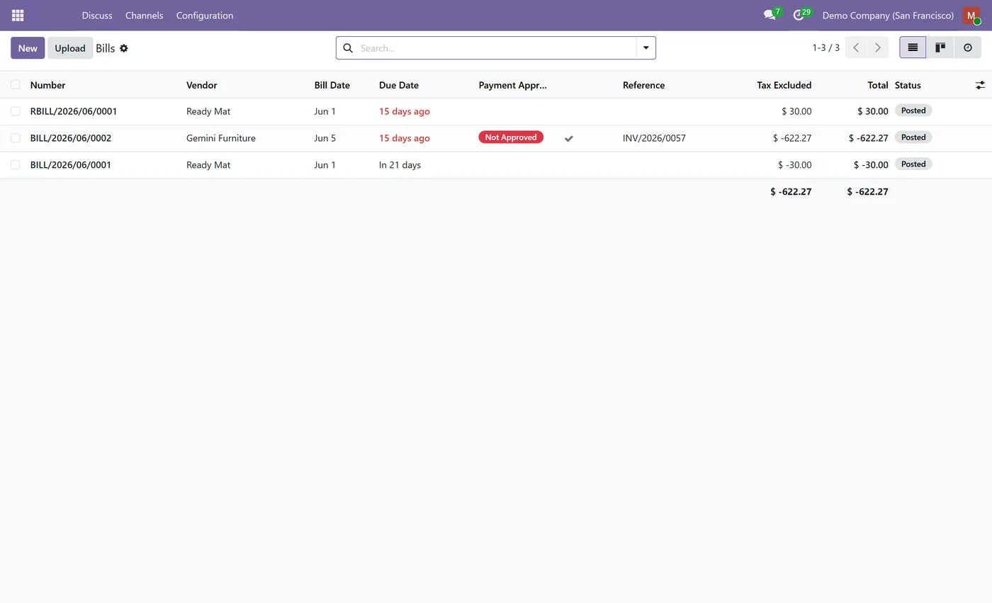 Vendor Bill Payment Approval for Odoo, bills list on Odoo 19