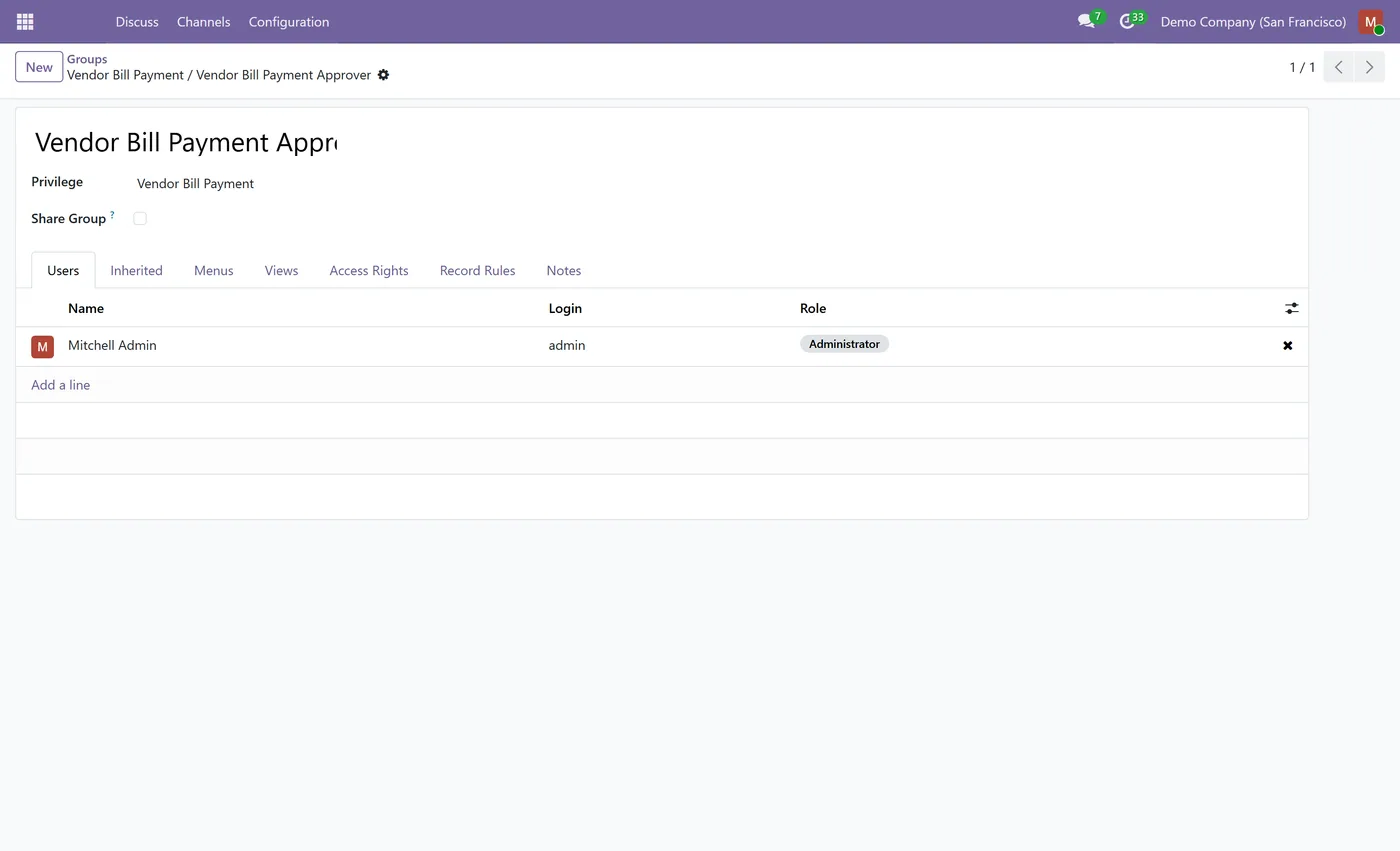 Vendor Bill Payment Approval for Odoo, approver group