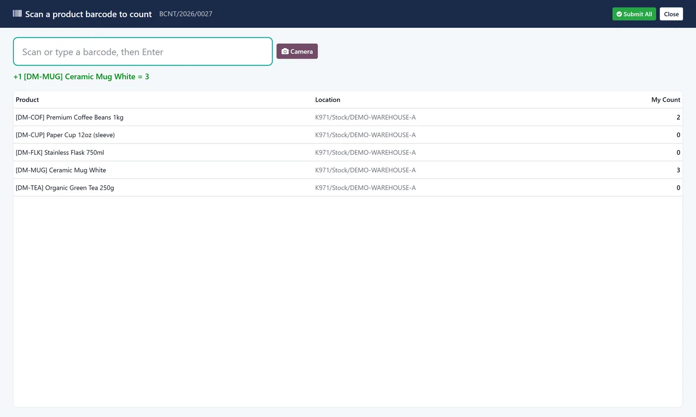 Blind Dual-Count Inventory for Odoo, blind barcode kiosk on Odoo 19