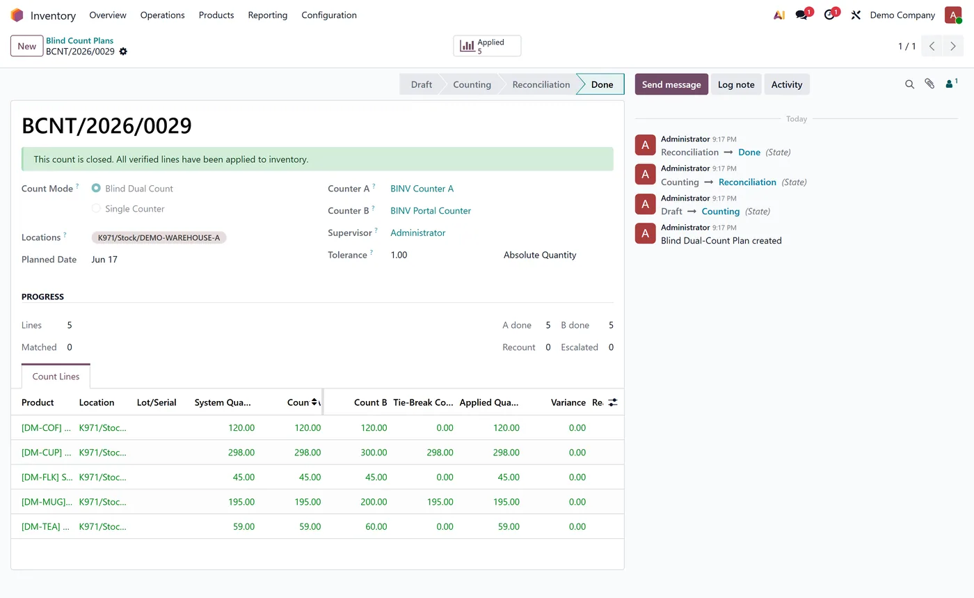 Blind Dual-Count Inventory for Odoo, blind done applied