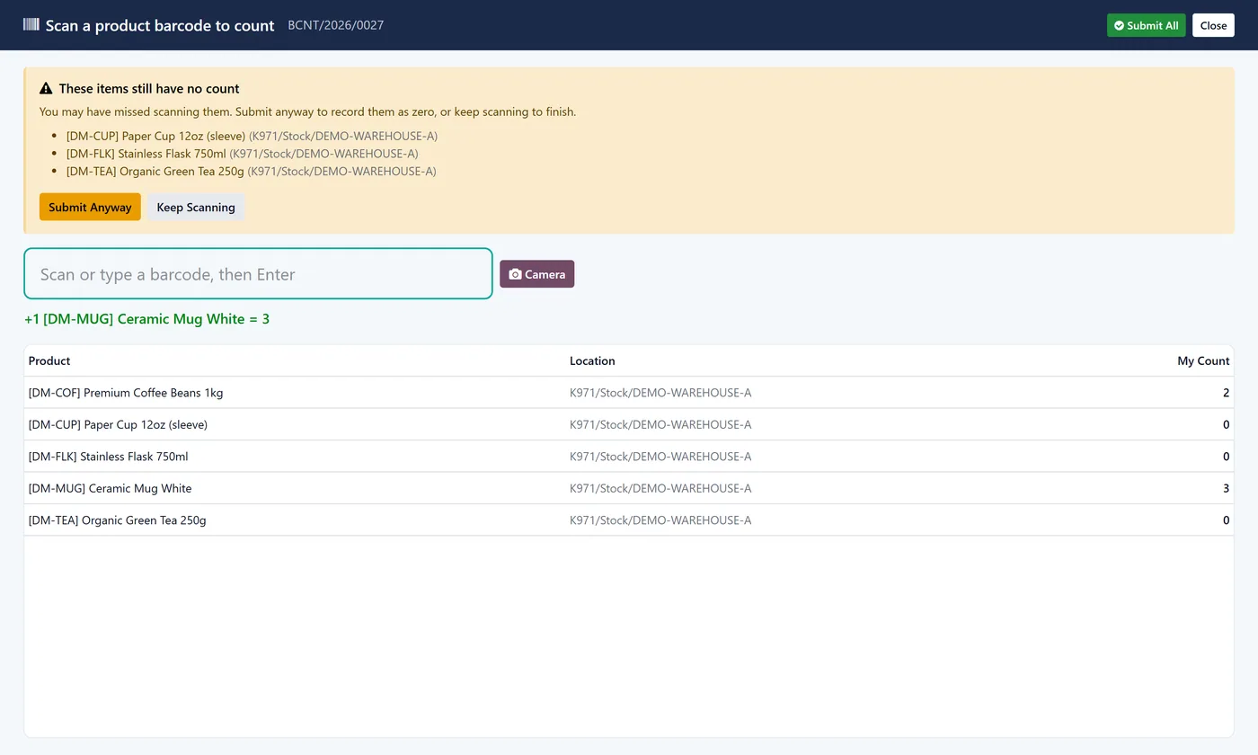 Blind Dual-Count Inventory for Odoo, blind kiosk warning