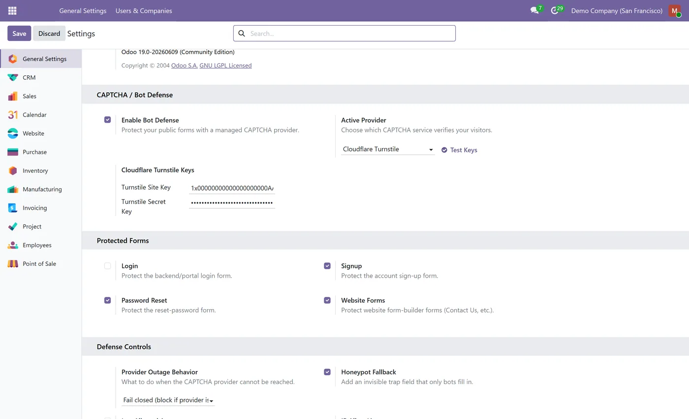 Bot Defense & CAPTCHA Manager for Odoo, settings