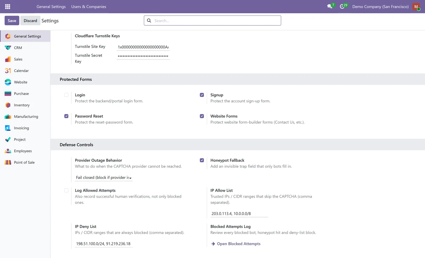 Bot Defense & CAPTCHA Manager for Odoo, controls