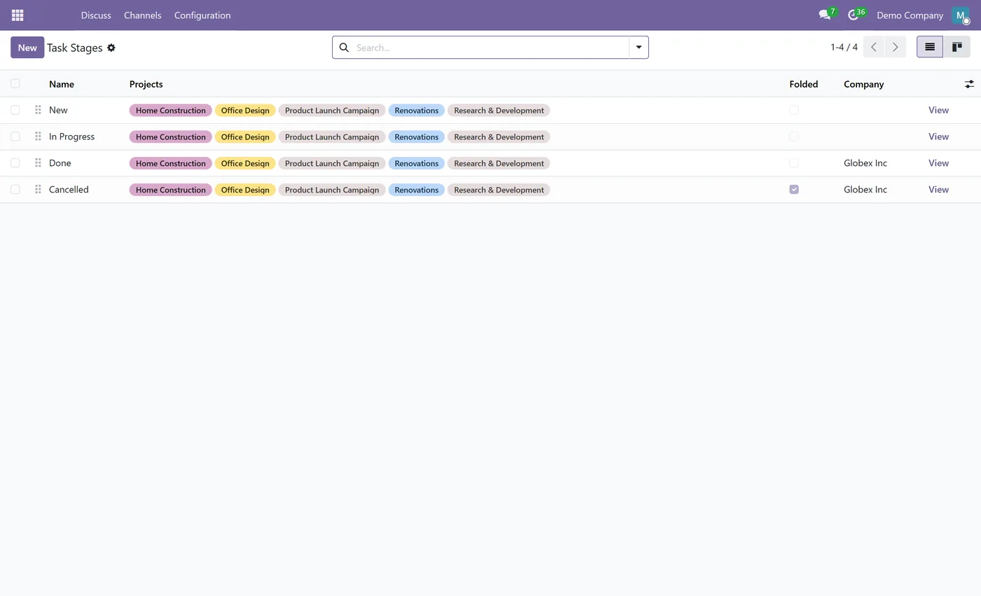 Company-Wise Stages for CRM, Projects and Helpdesk for Odoo, project task stages on Odoo 17