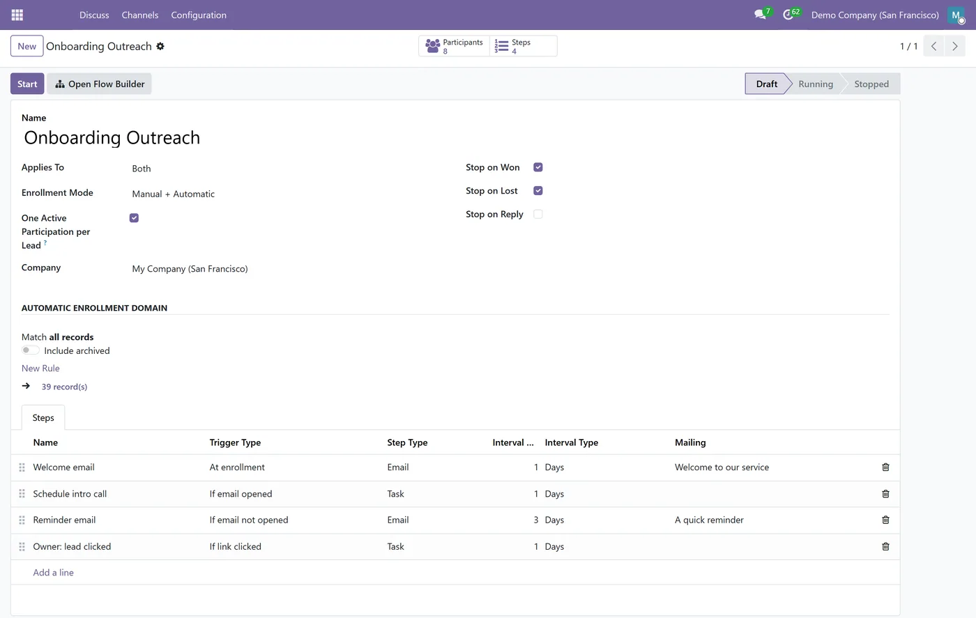CRM Booster - Sales Sequences and Cadences for Odoo, sequence form on Odoo 18