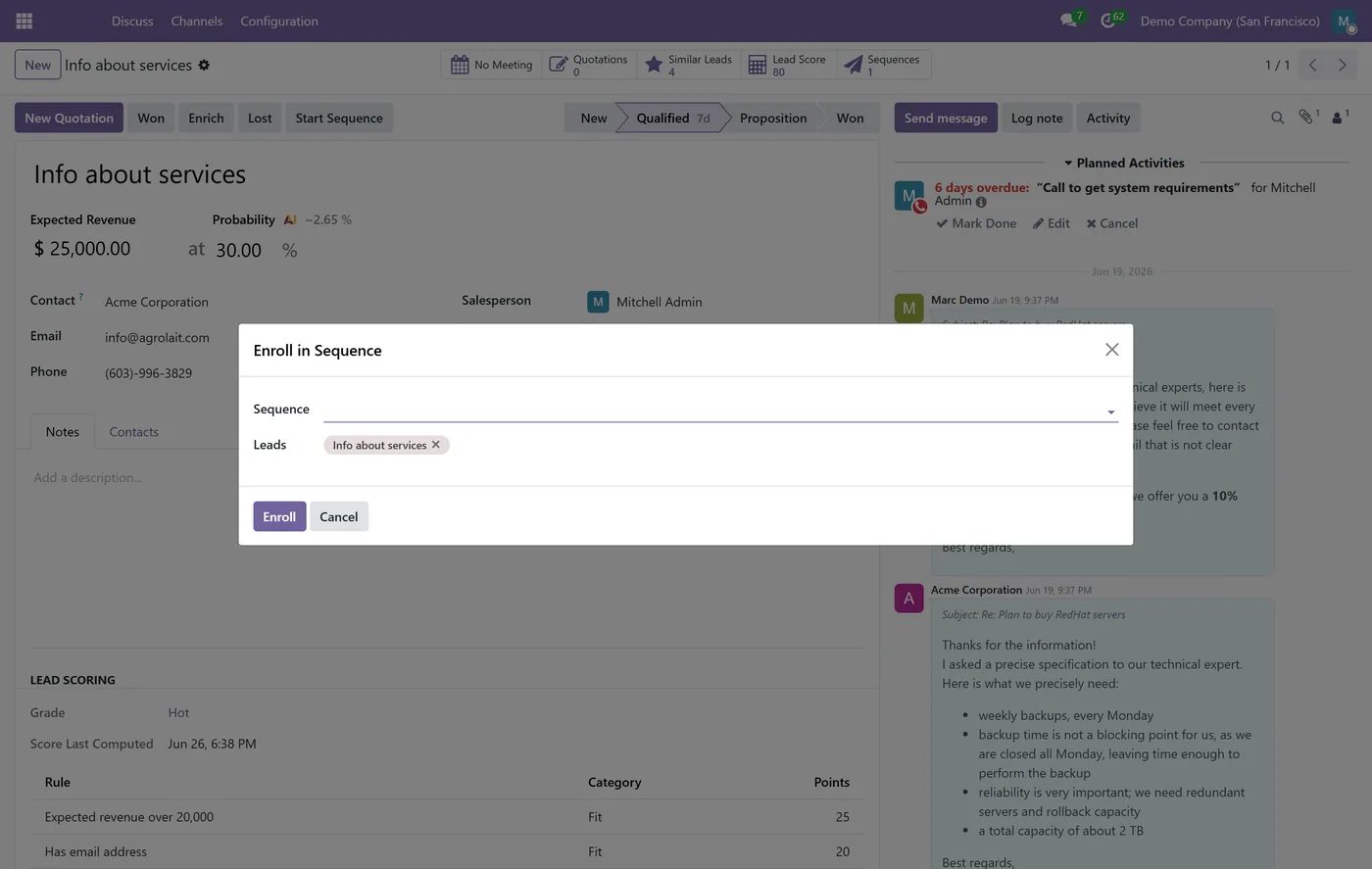 CRM Booster - Sales Sequences and Cadences for Odoo, enroll wizard