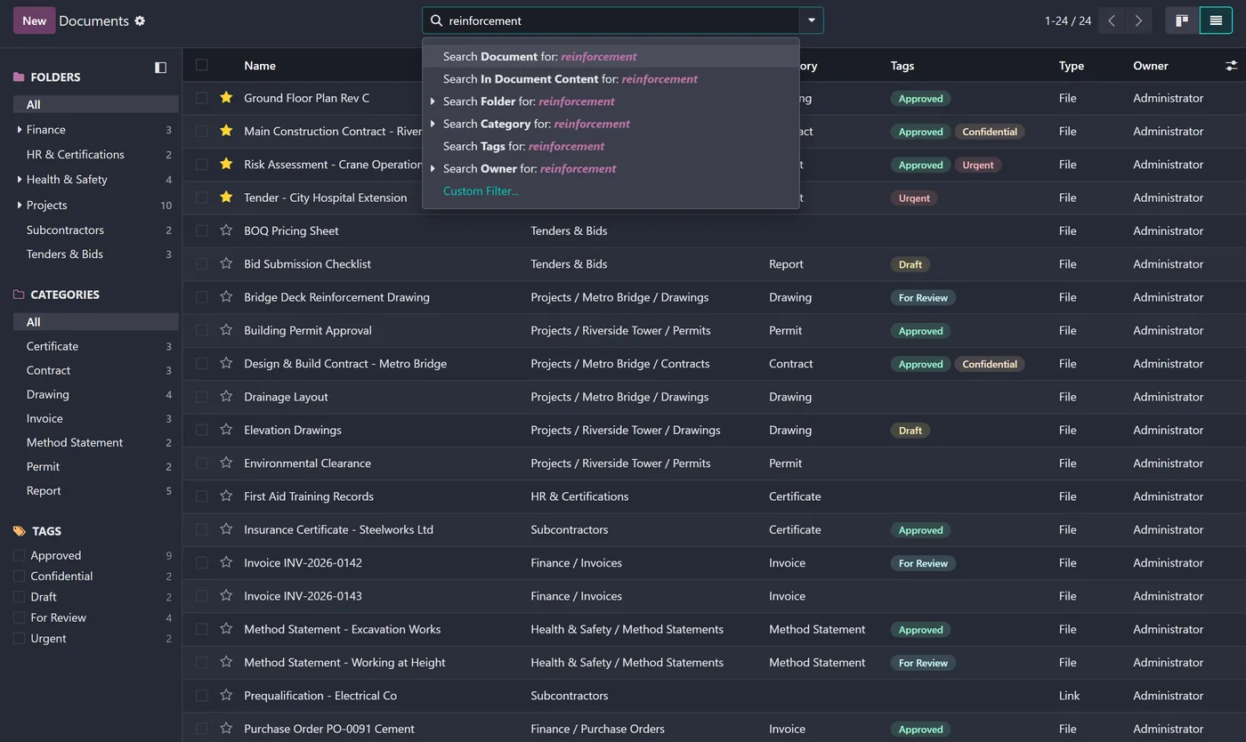 Advanced Document Management System for Odoo, content search