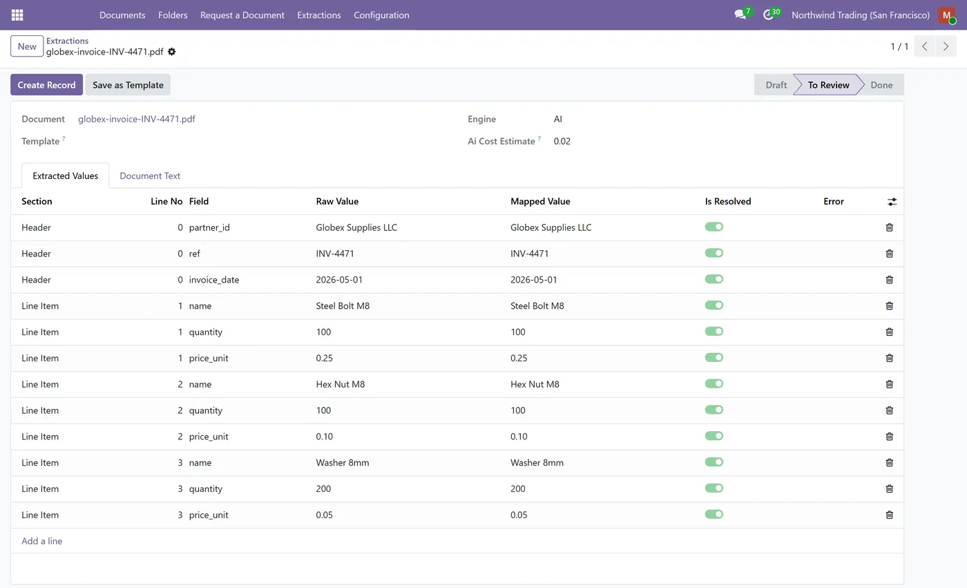 AI Document OCR and Data Extraction for Odoo, review