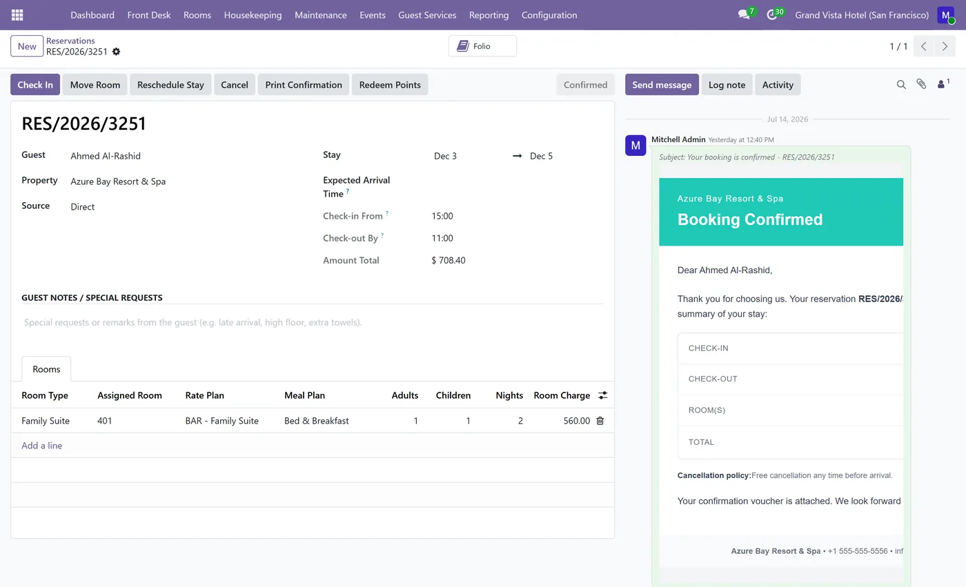 Hotel Property Management System for Odoo, reservation form