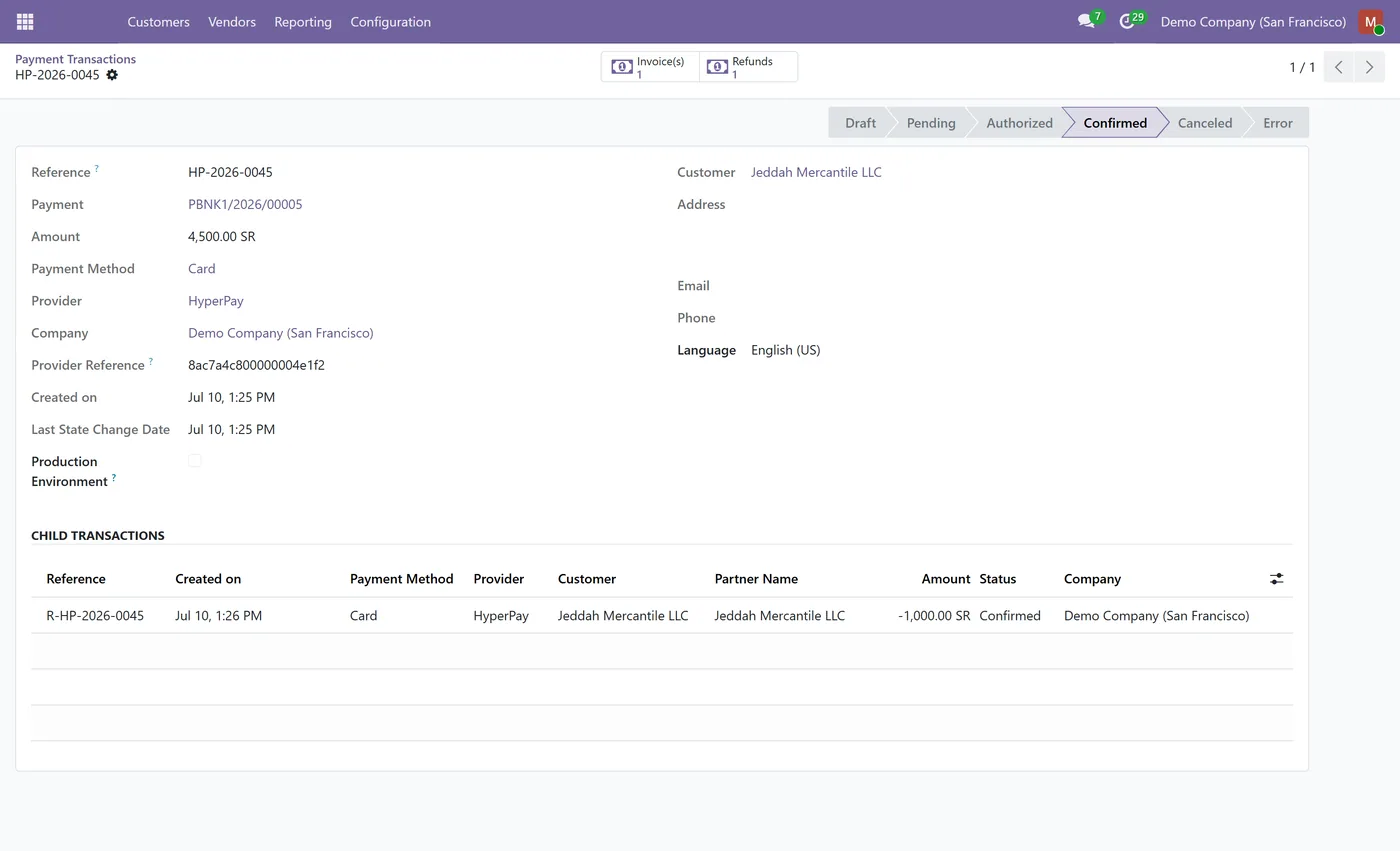 HyperPay All-in-One (Website + POS) for Odoo, transaction done