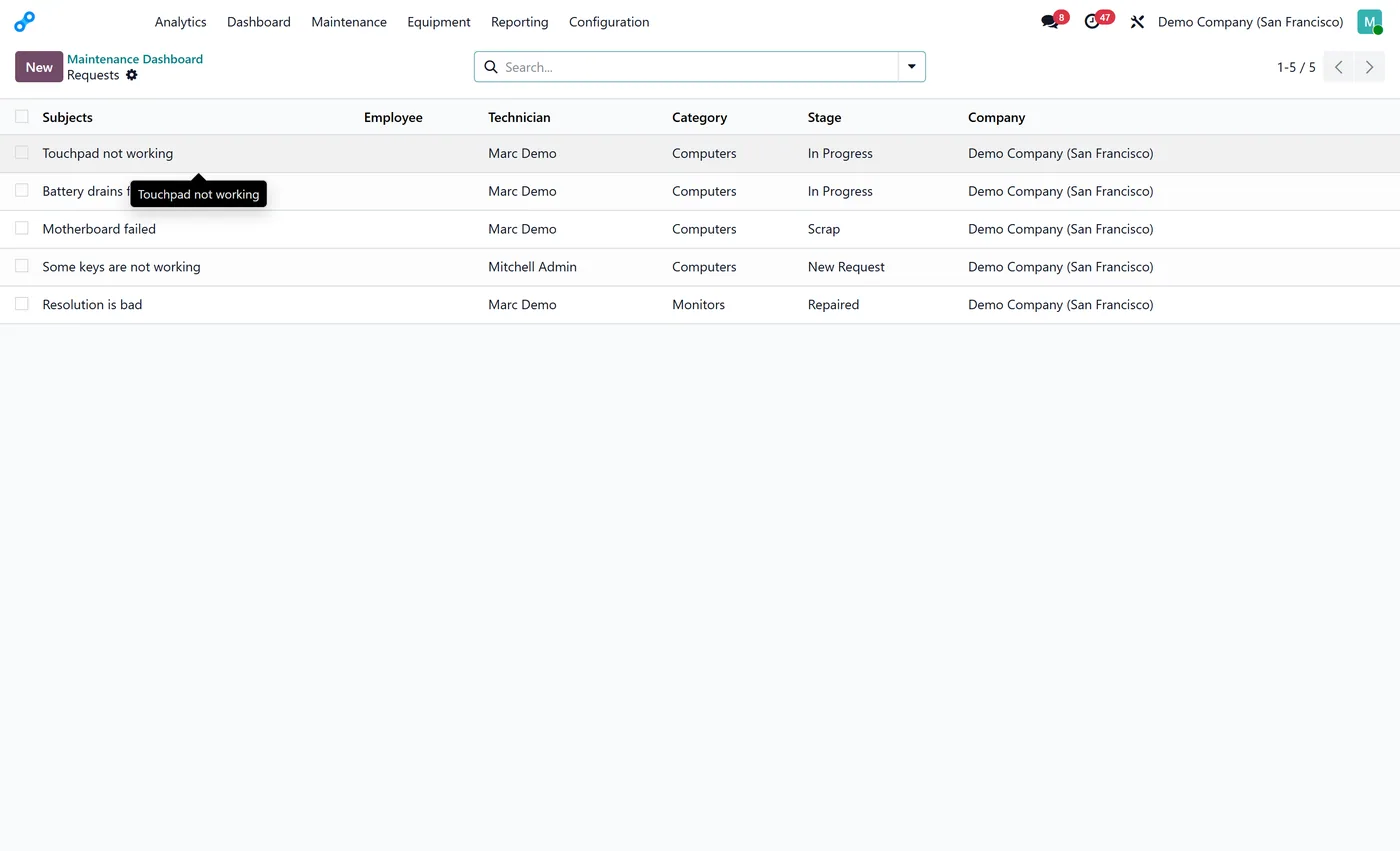 Maintenance Dashboard for Odoo, drilldown on Odoo 18