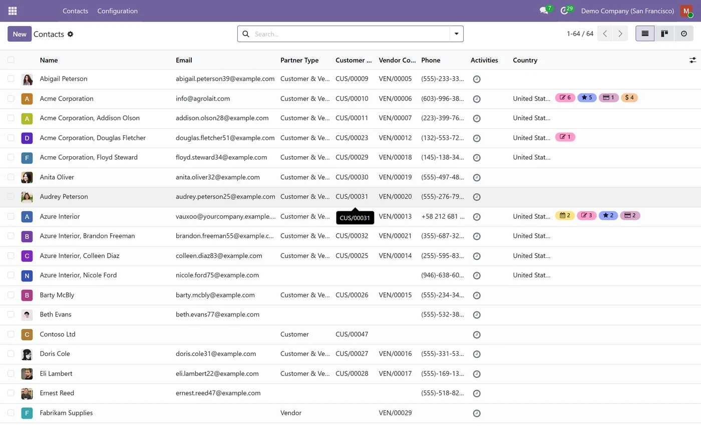 Partner Code - Customer and Vendor Reference Codes for Odoo, contacts list