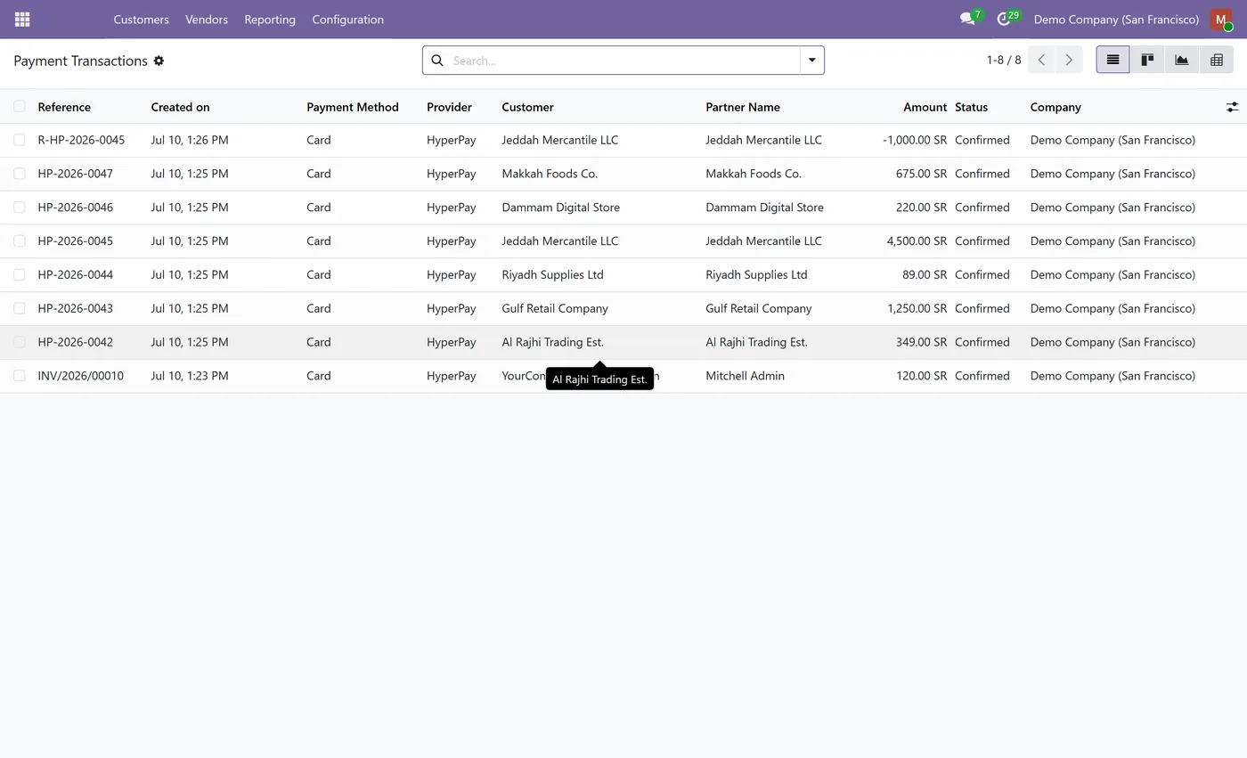 HyperPay Payment Gateway for Odoo, transactions list on Odoo 17