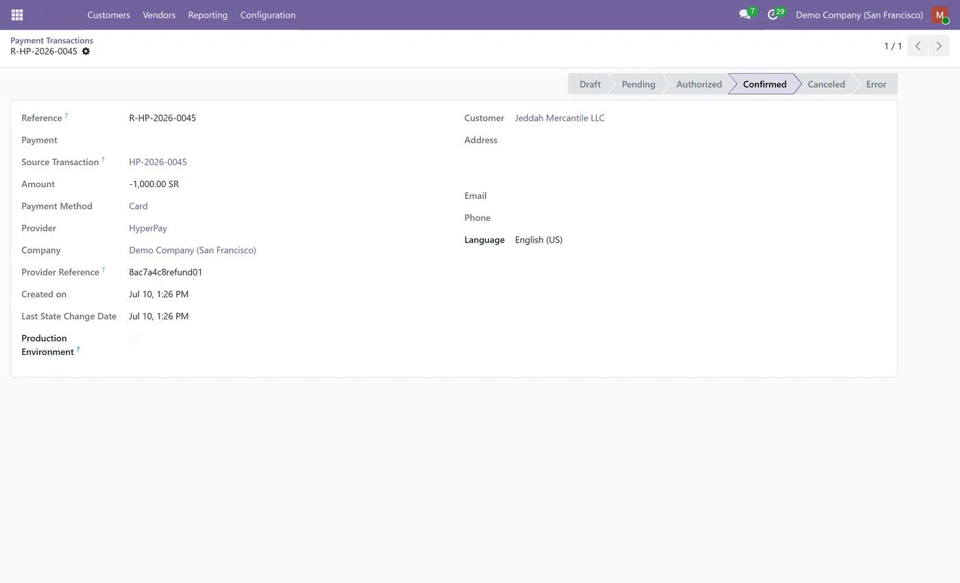HyperPay Payment Gateway for Odoo, refund transaction