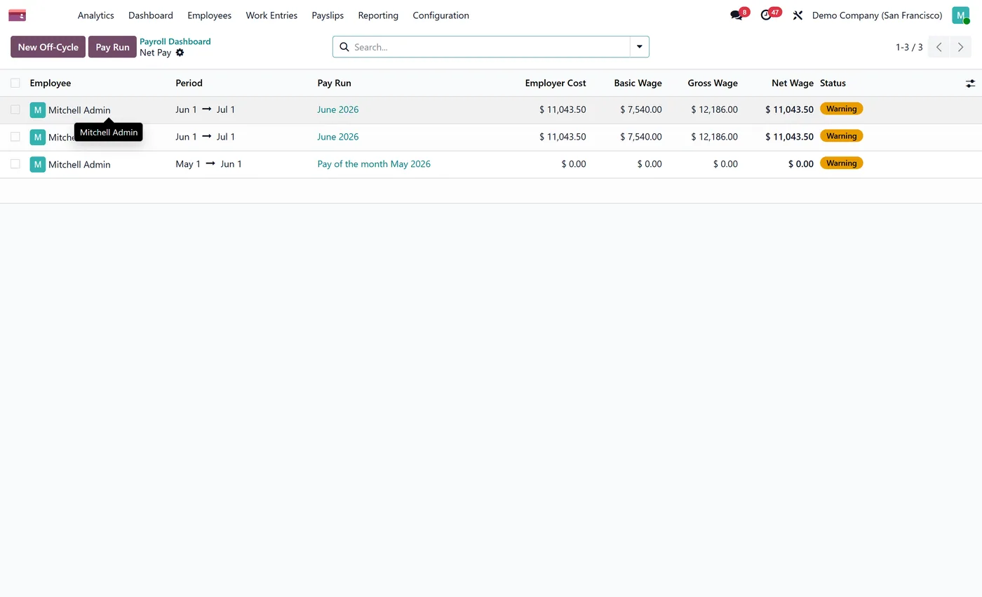 Payroll Dashboard for Odoo, drilldown on Odoo 18