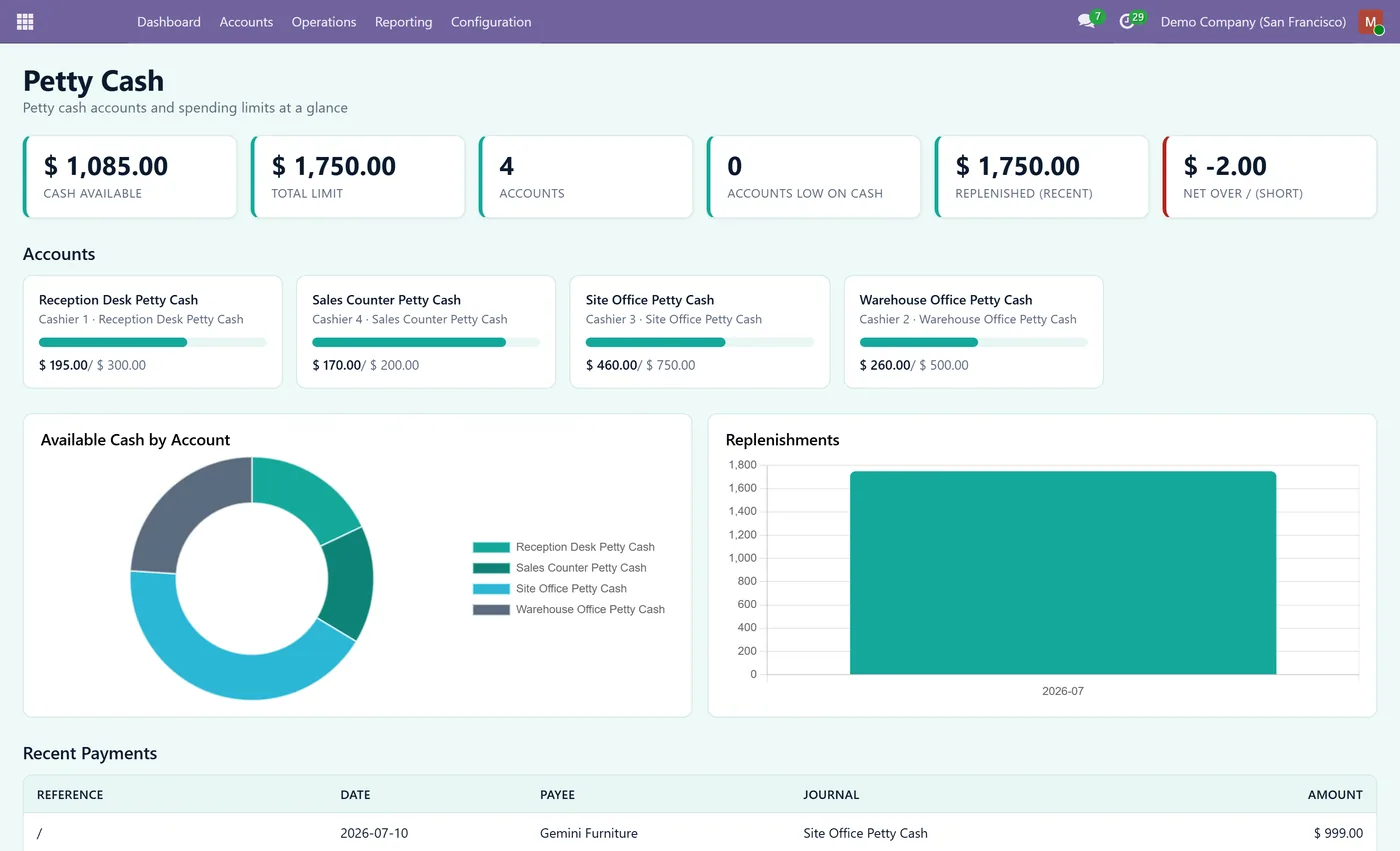 Petty Cash Control for Odoo, dashboard on Odoo 17