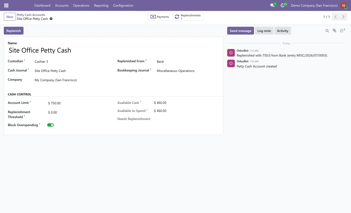 Petty Cash Control for Odoo, account form