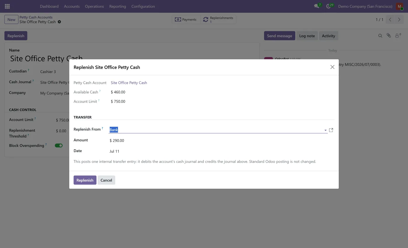 Petty Cash Control for Odoo, replenish