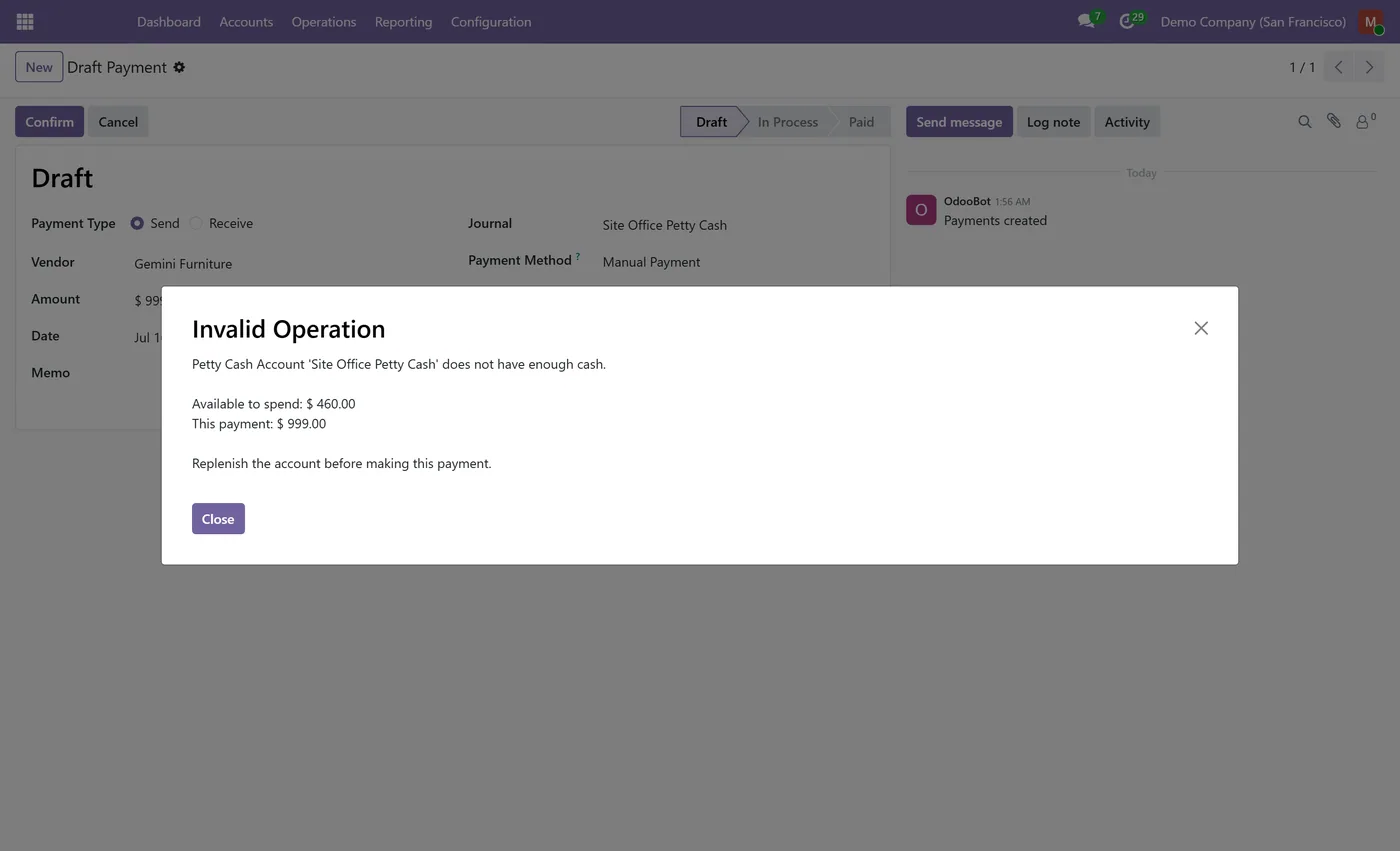 Petty Cash Control for Odoo, blocked payment