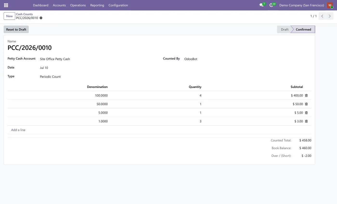 Petty Cash Control for Odoo, cash count