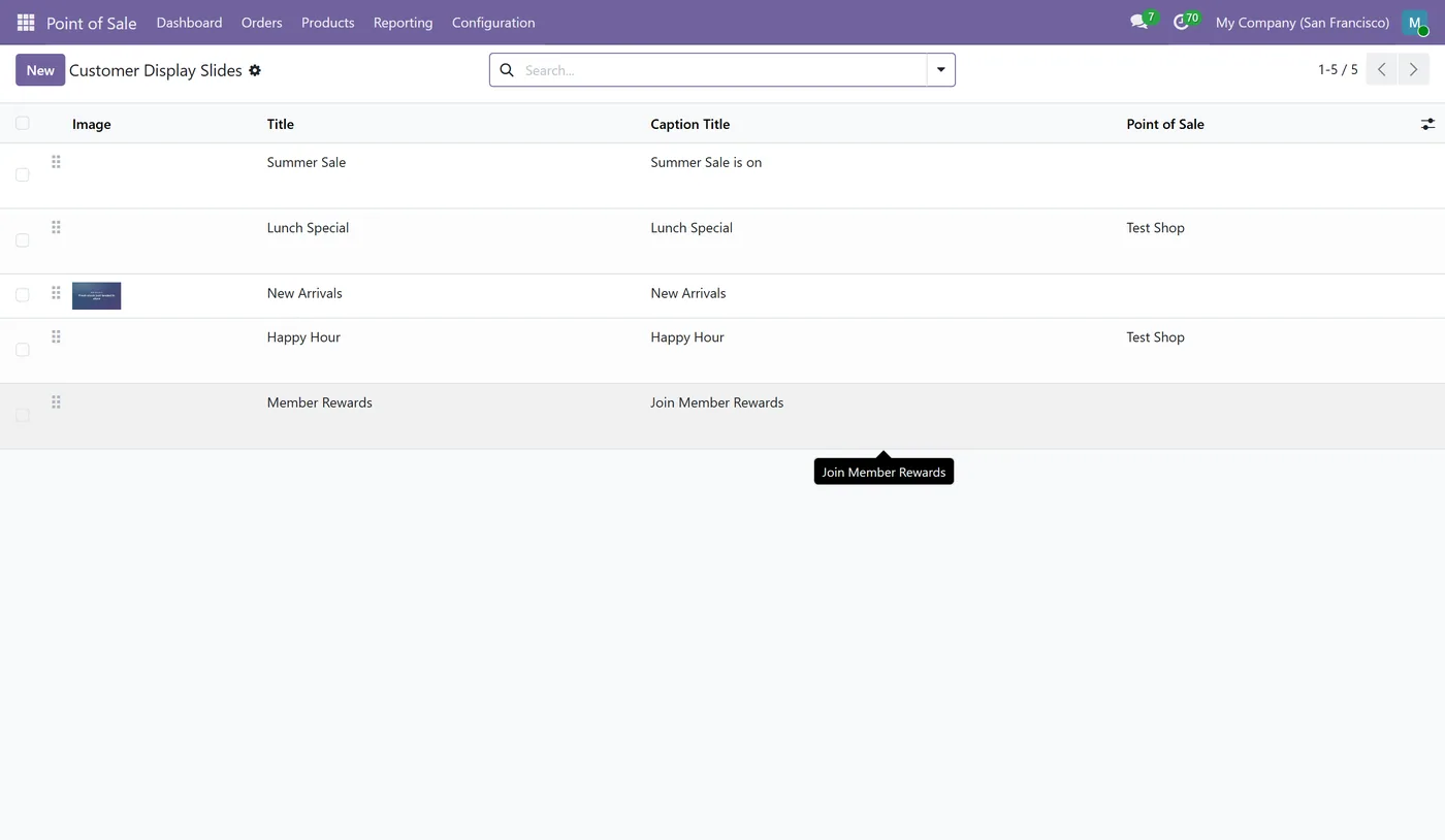 POS Customer Display Slideshow for Odoo, slides list