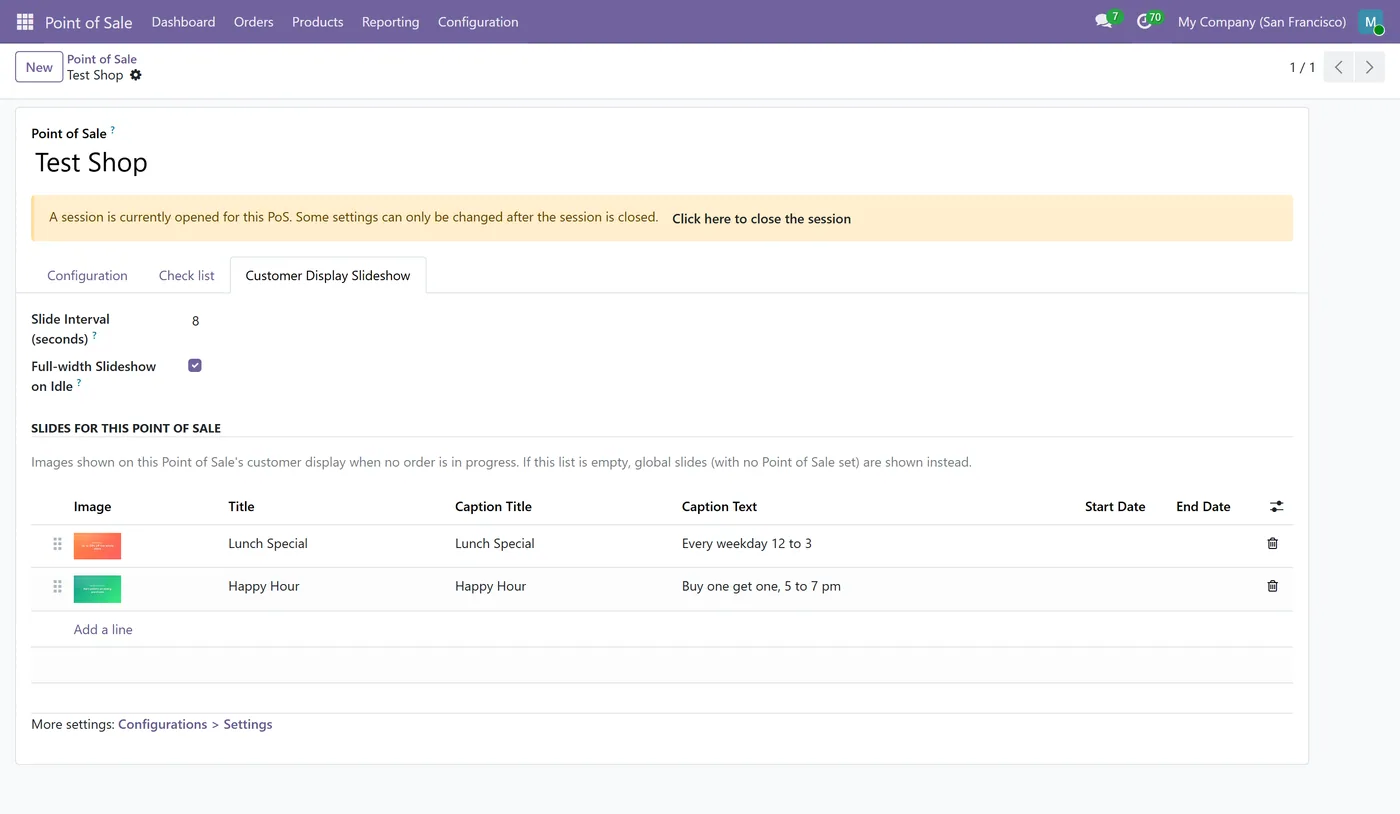 POS Customer Display Slideshow for Odoo, pos config tab