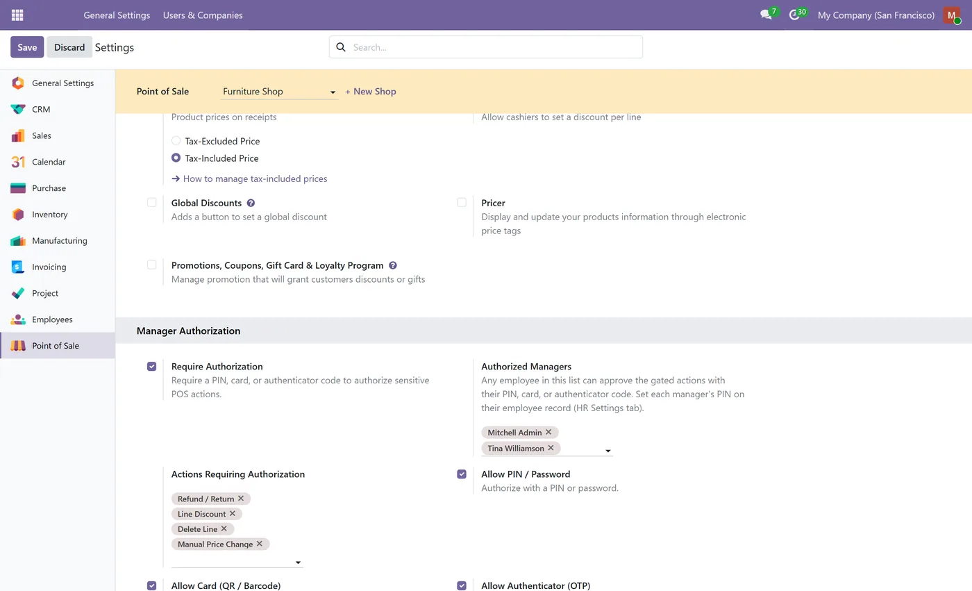 POS Manager Approval for Odoo, settings on Odoo 19