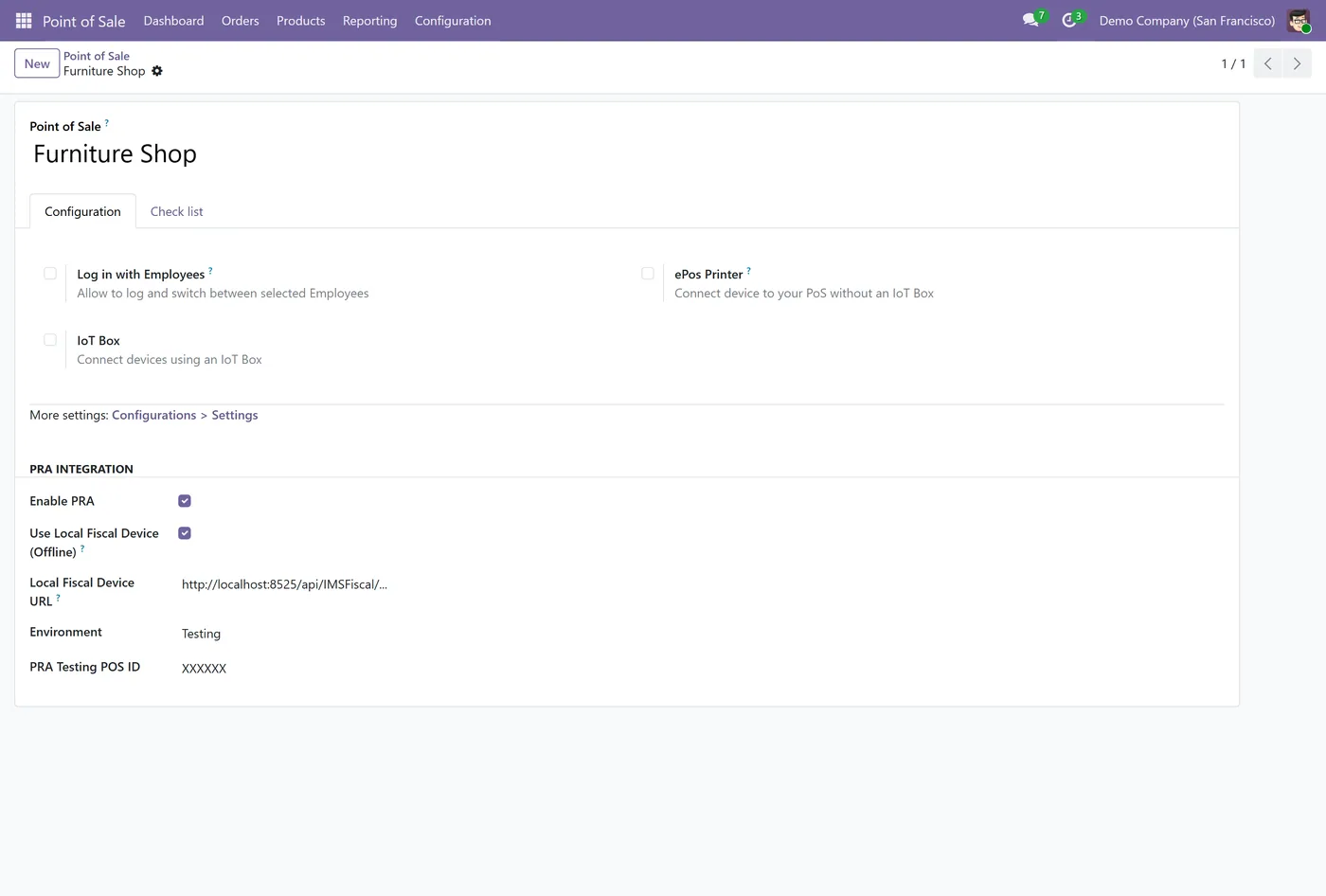 POS PRA Fiscal Integration for Odoo, pra config on Odoo 19