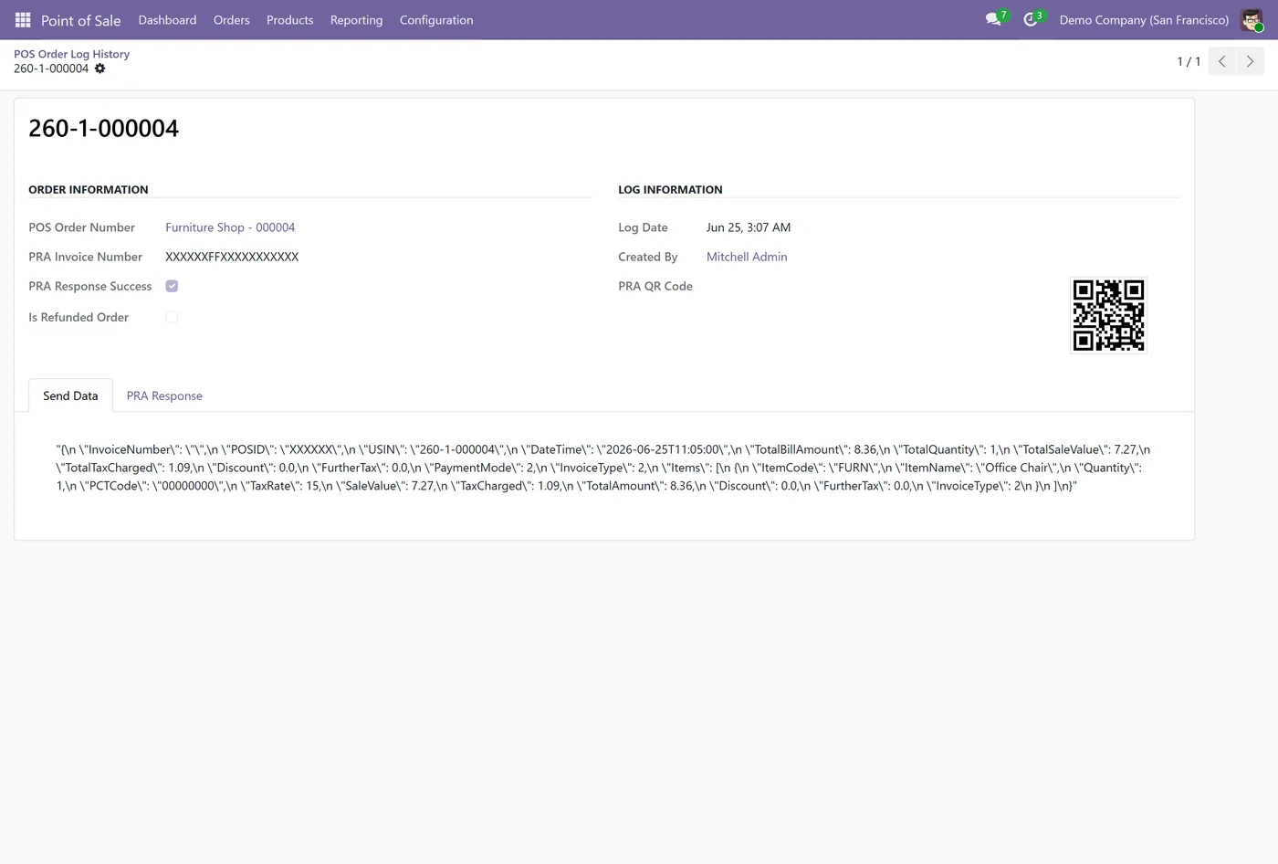 POS PRA Fiscal Integration for Odoo, pra log history on Odoo 19