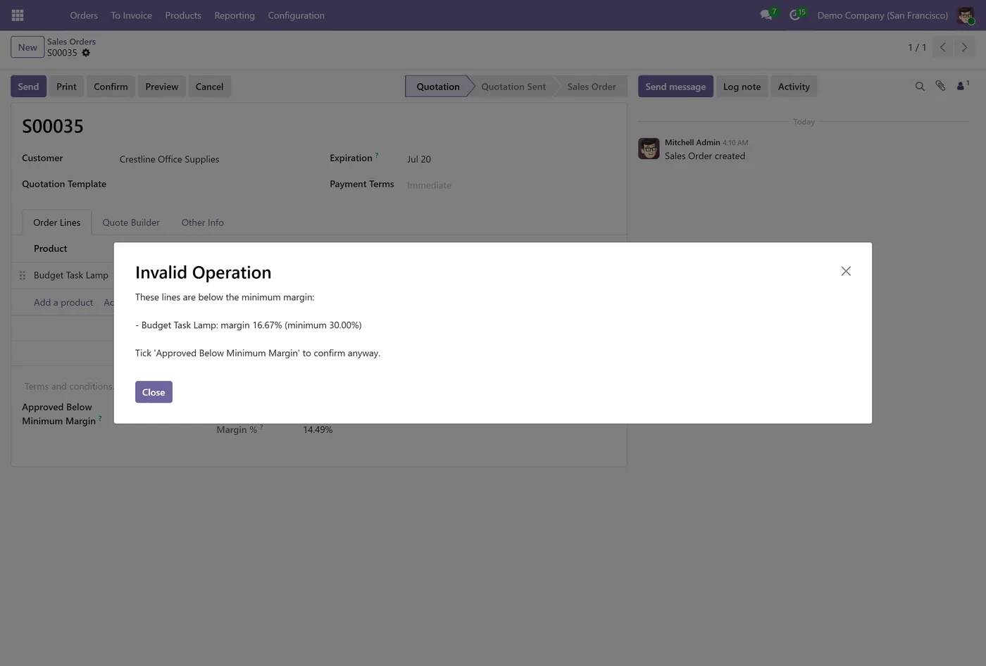 Margin on Products, Sales & Invoices Pro for Odoo, block dialog