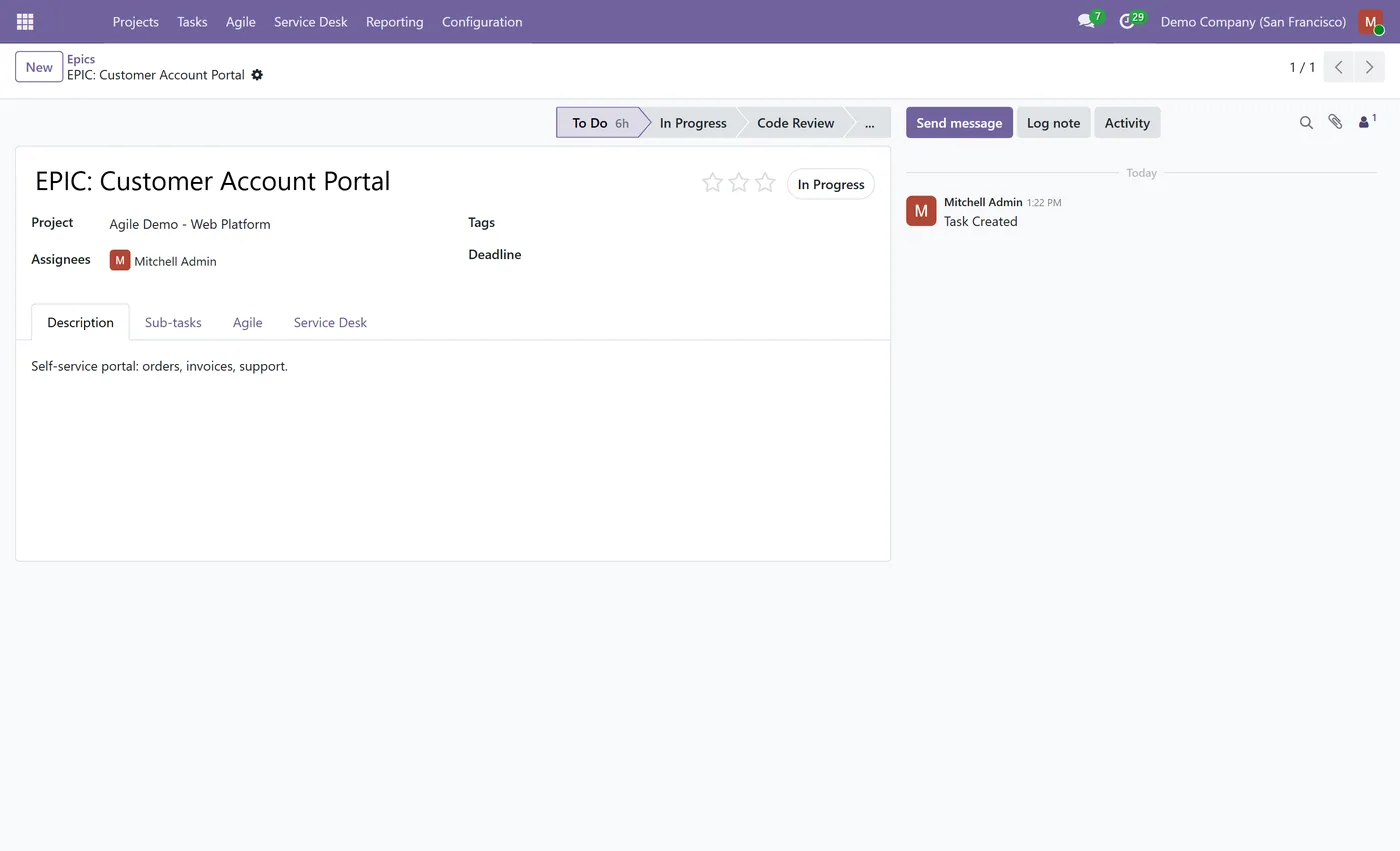 Agile Scrum & Sprints for Project for Odoo, epic form
