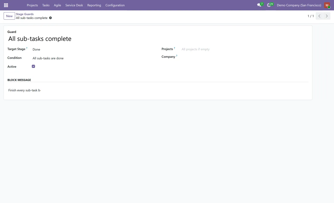 Project Stage Guards & Workflow Rules for Odoo, guard subtasks