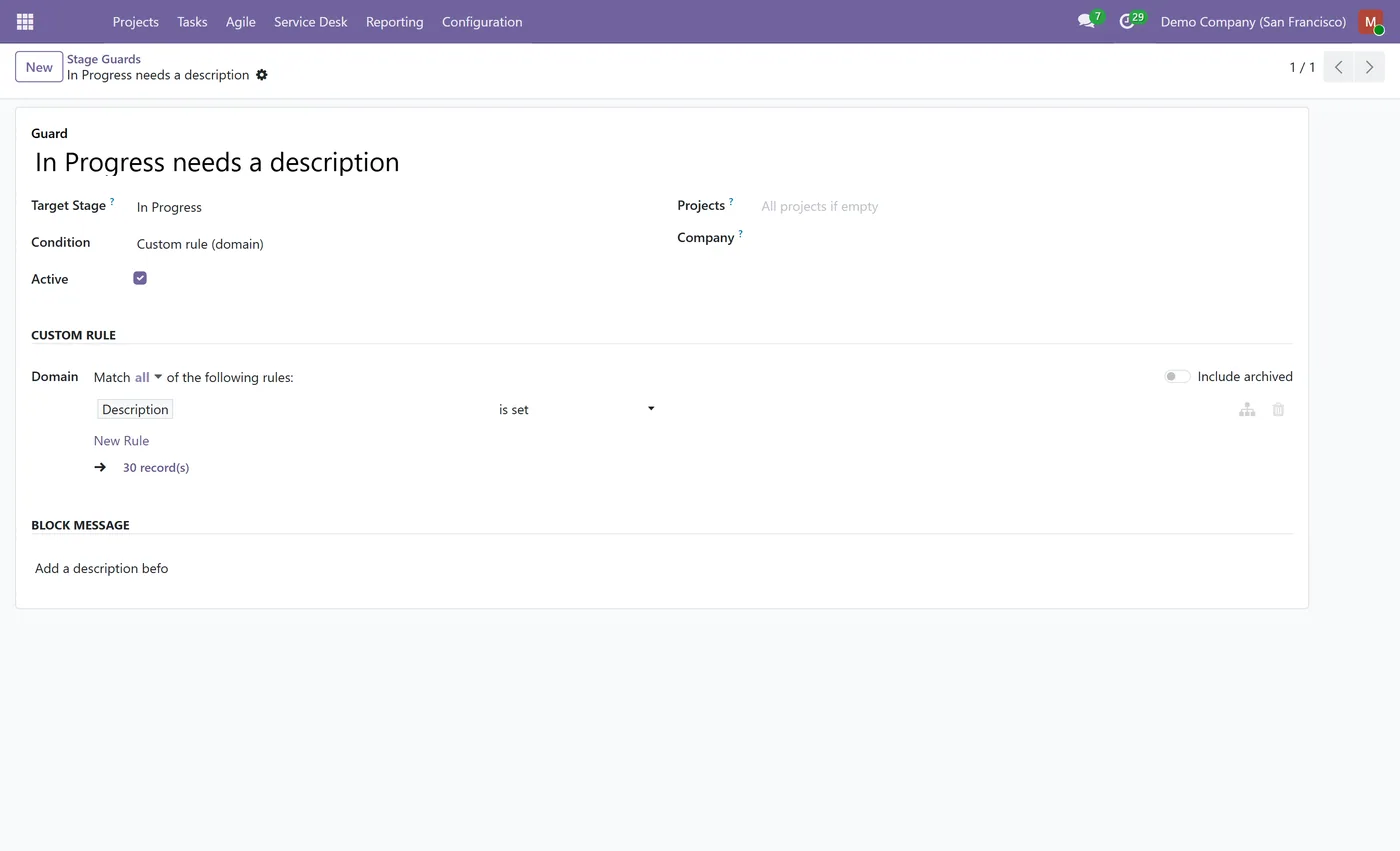 Project Stage Guards & Workflow Rules for Odoo, guard domain