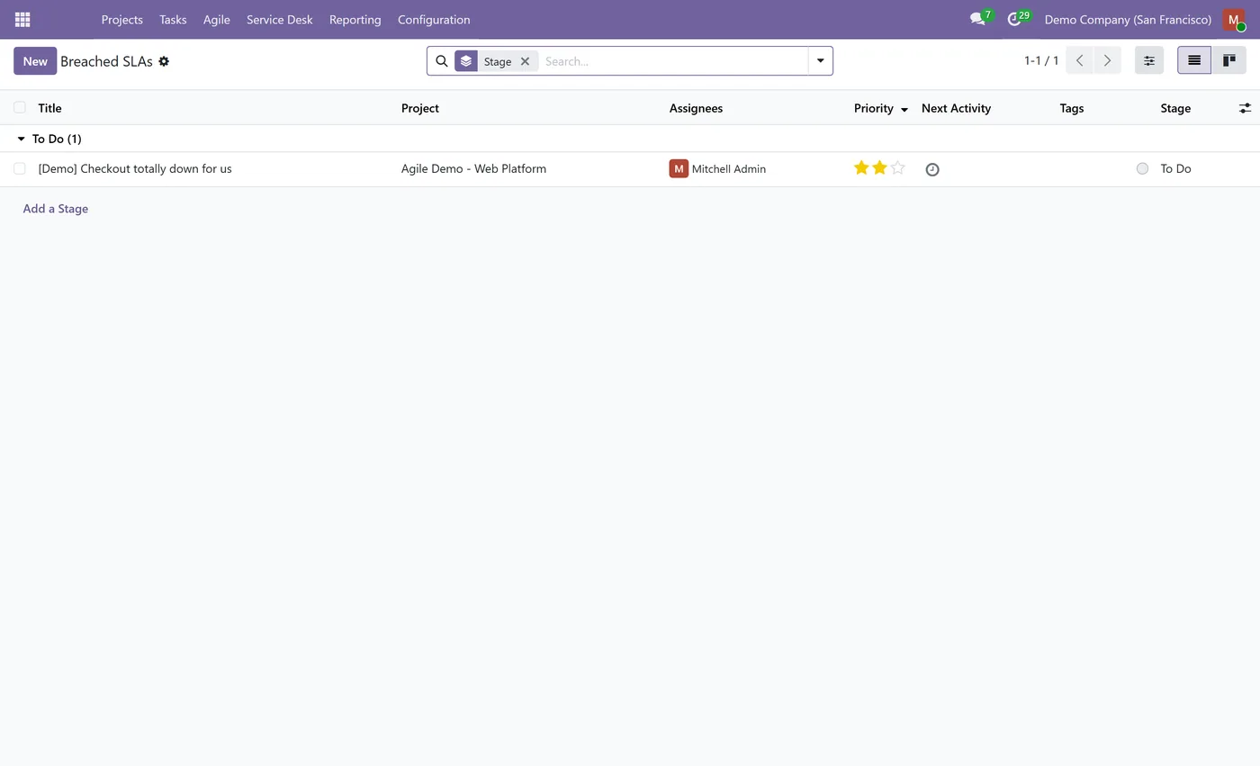 Service Desk & SLA for Project for Odoo, breached on Odoo 19