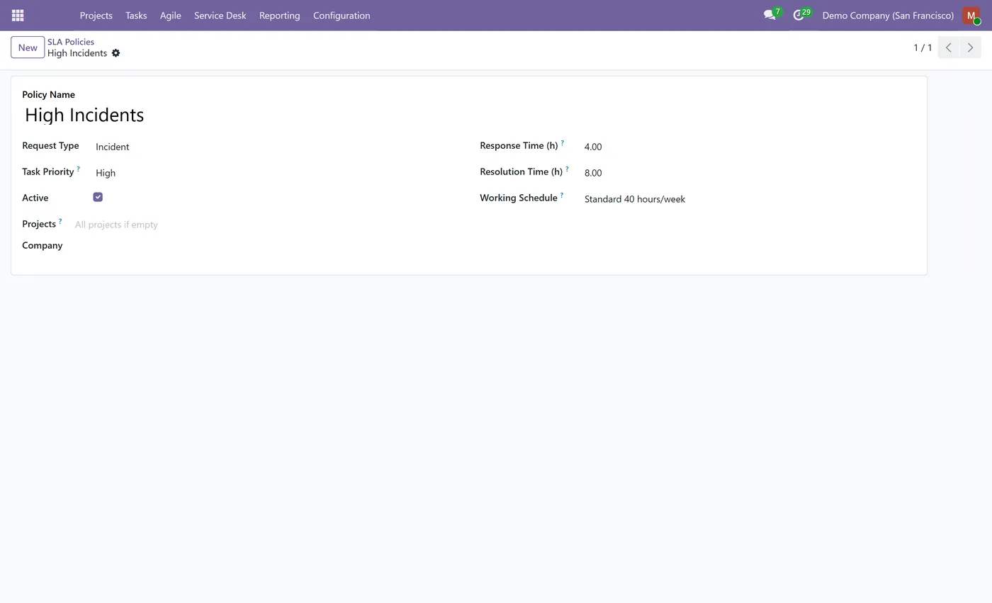 Service Desk & SLA for Project for Odoo, sla form
