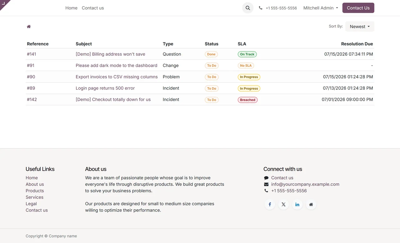 Service Desk & SLA for Project for Odoo, portal list