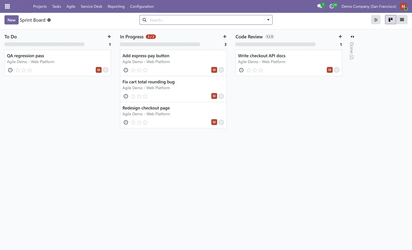 Project Suite All-in-One for Odoo, sprint board on Odoo 17