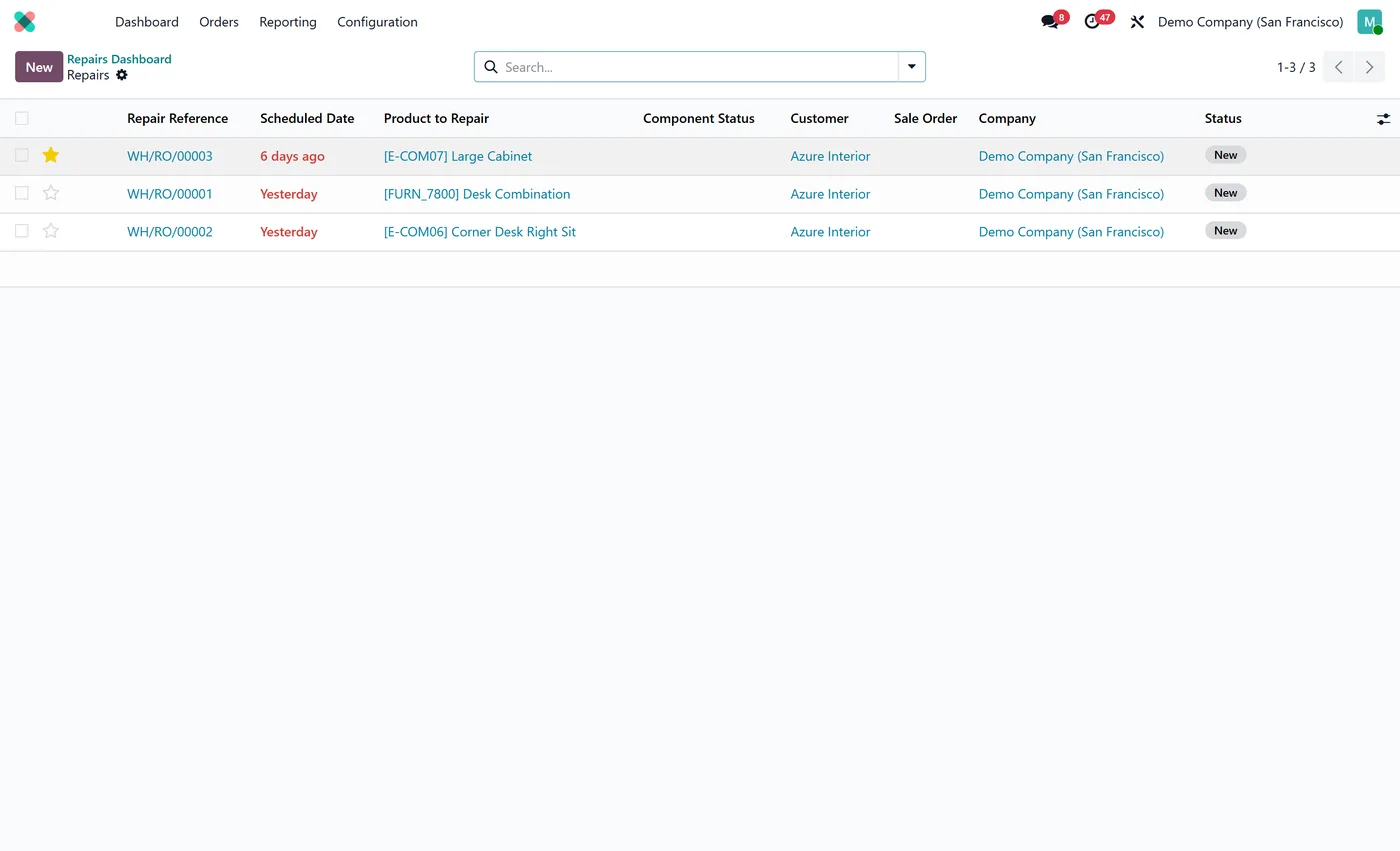 Repairs Dashboard for Odoo, drilldown on Odoo 17