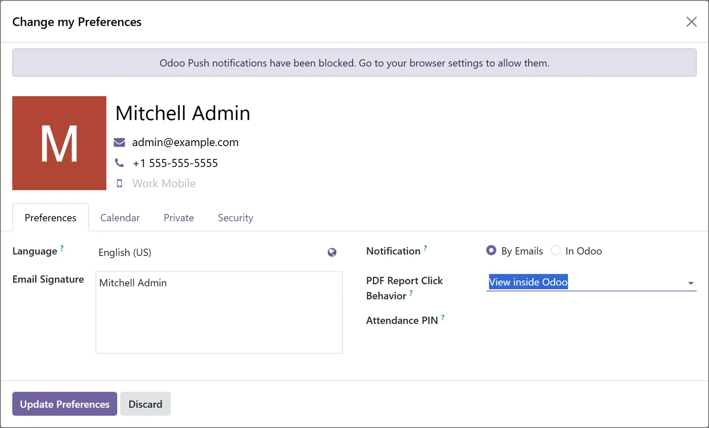 PDF Report Click Action for Odoo, user preference on Odoo 18