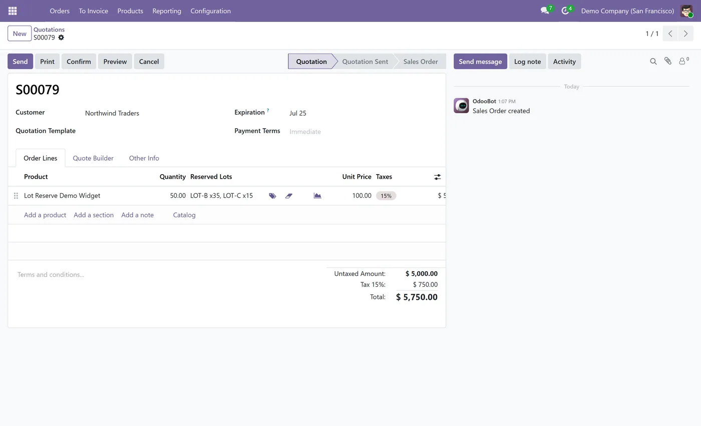 Lot Reservation from Sales Orders for Odoo, quotation reserved lots on Odoo 18