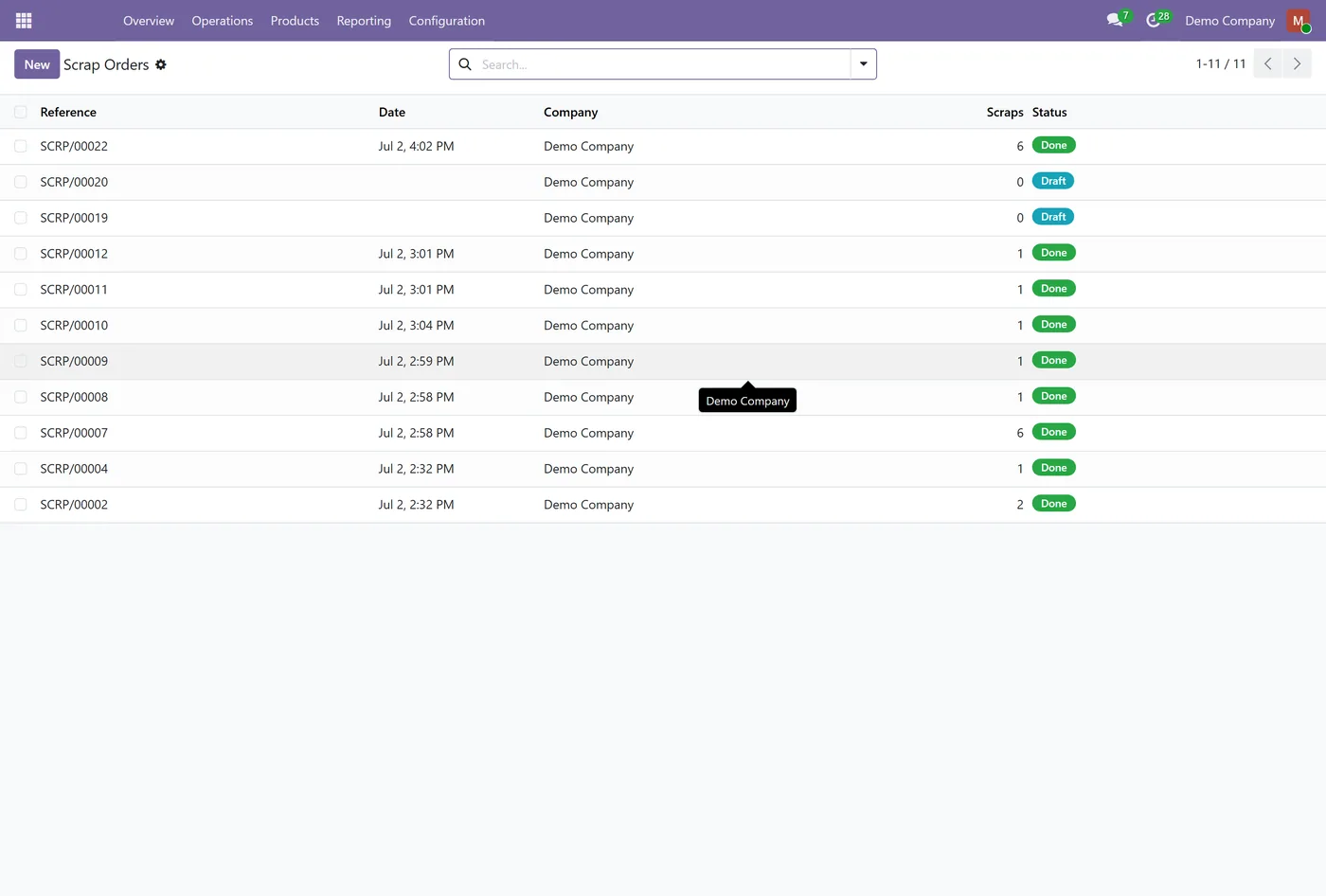 Batch Scrap Orders for Odoo, scrap orders list on Odoo 18
