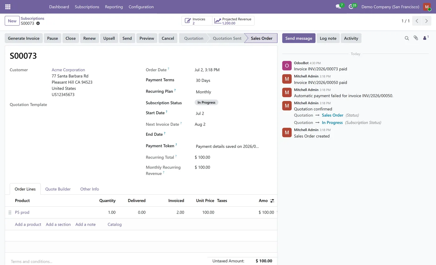 Subscription Management for Odoo, subscription form