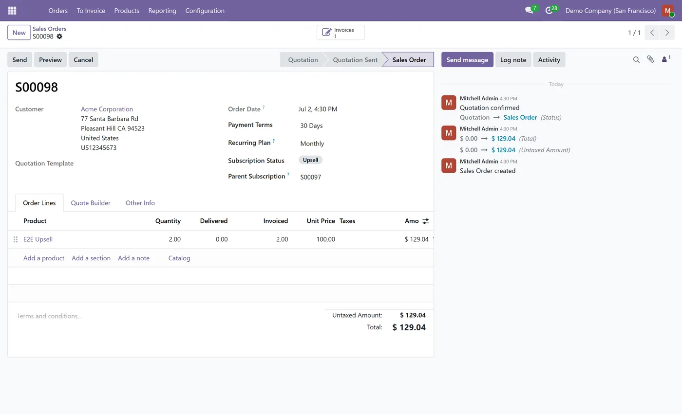 Subscription Management for Odoo, upsell quote